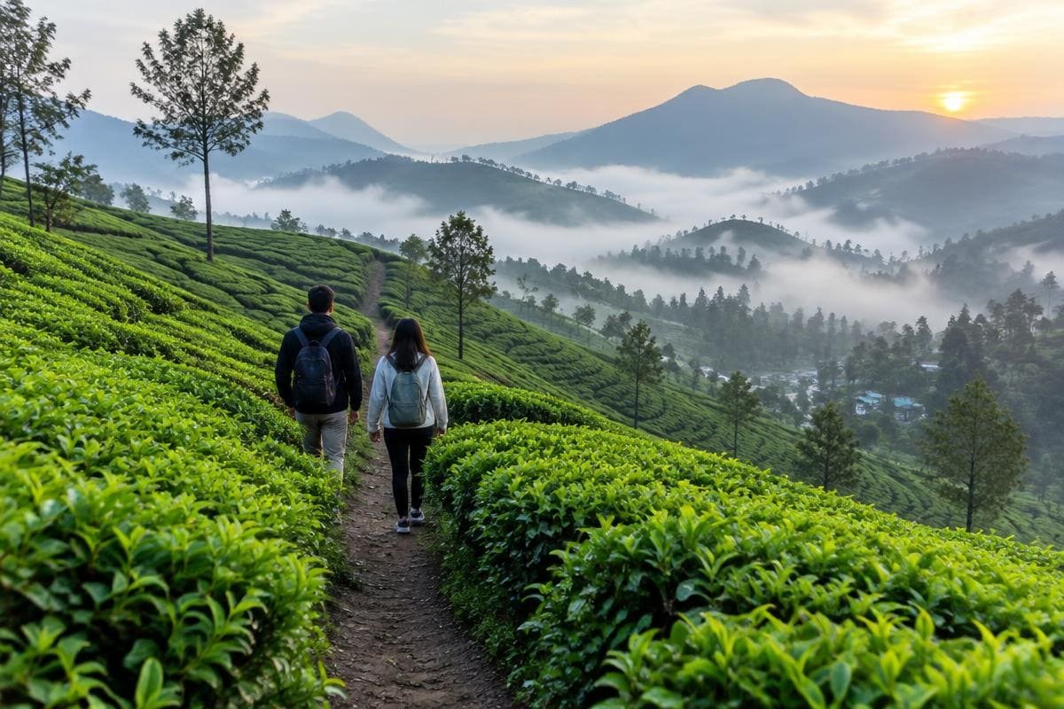 Couple walking a path between tea bushes at sunrise, day one of a 3 day Munnar itinerary