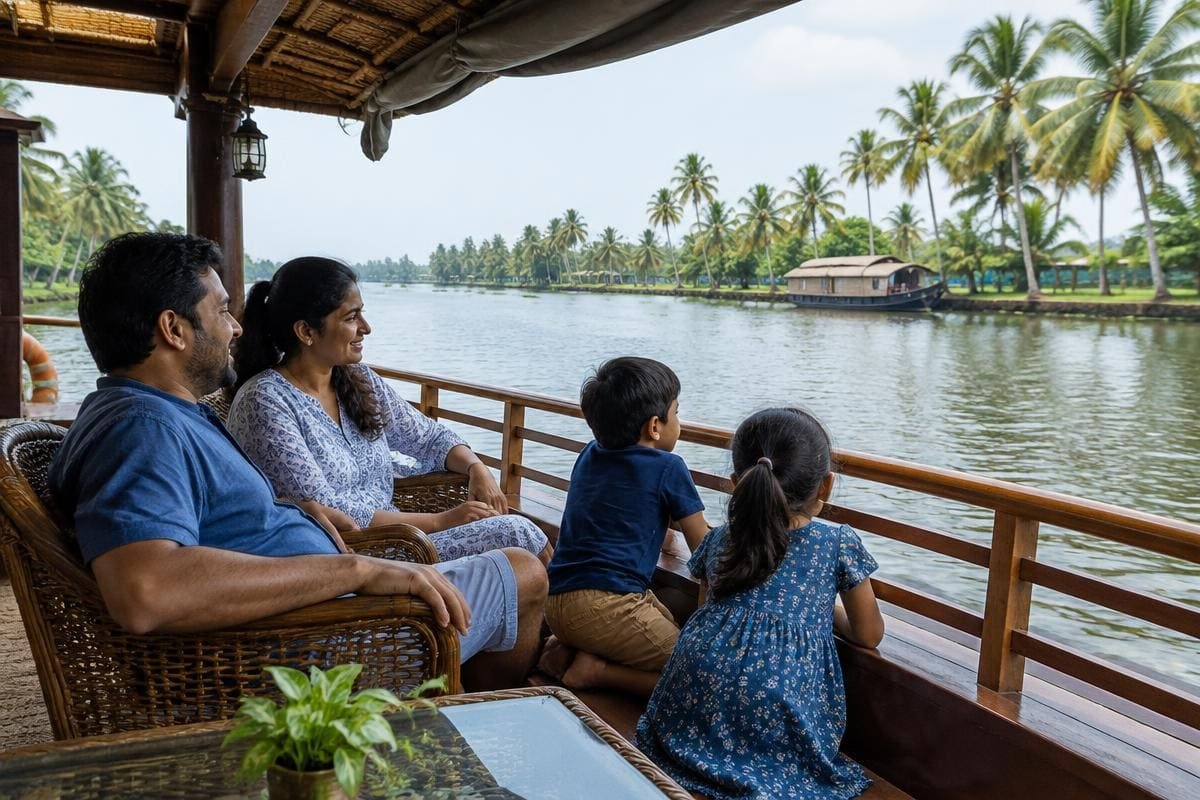 Parents and two children on a houseboat deck, part of a kerala family itinerary over 7 days