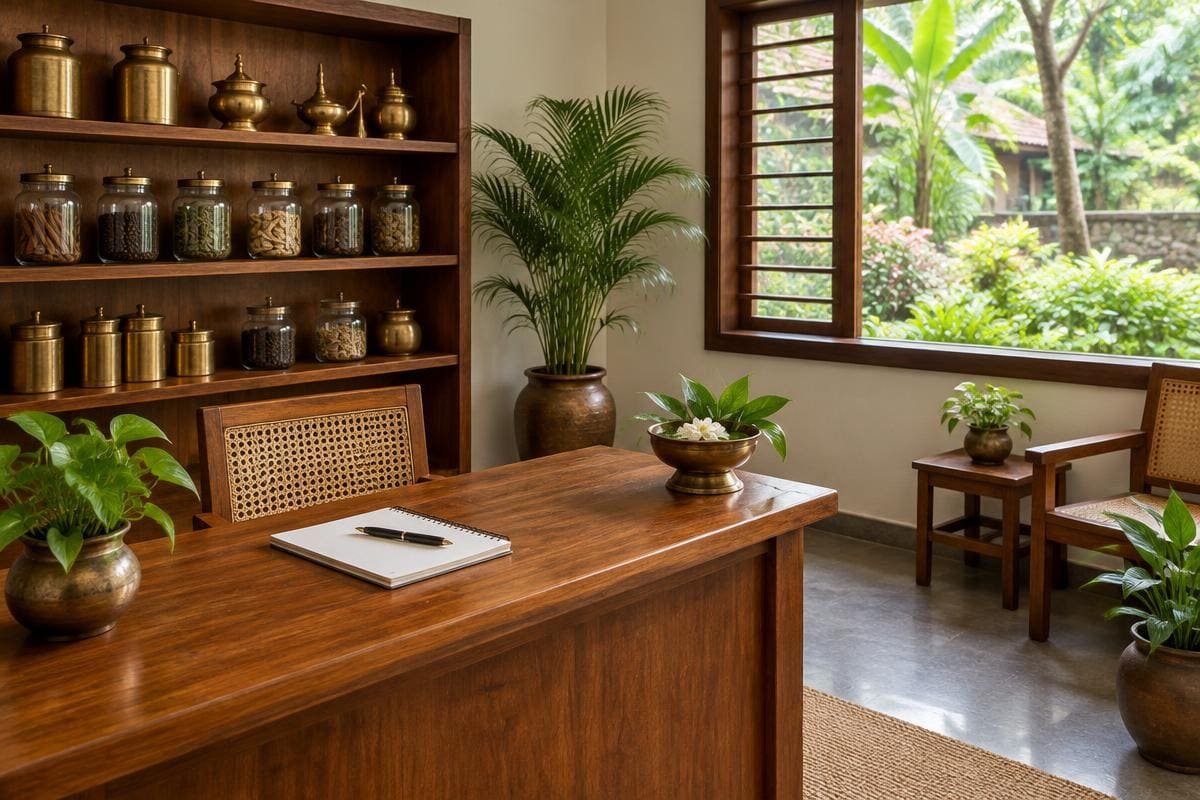 Quiet consultation room with a wooden desk and shelves of brass jars at an Ayurveda centre in Kerala