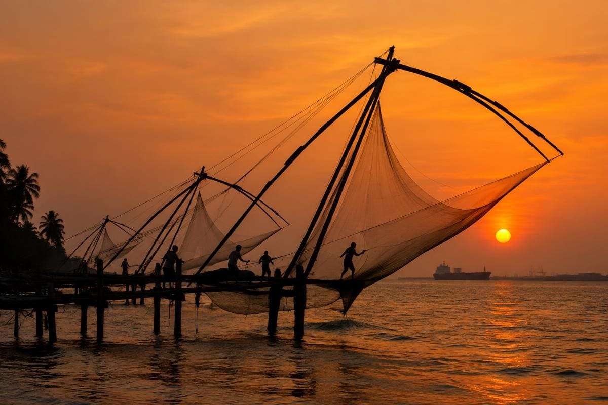 Chinese fishing nets at dusk, the first of many fort kochi things to do on foot