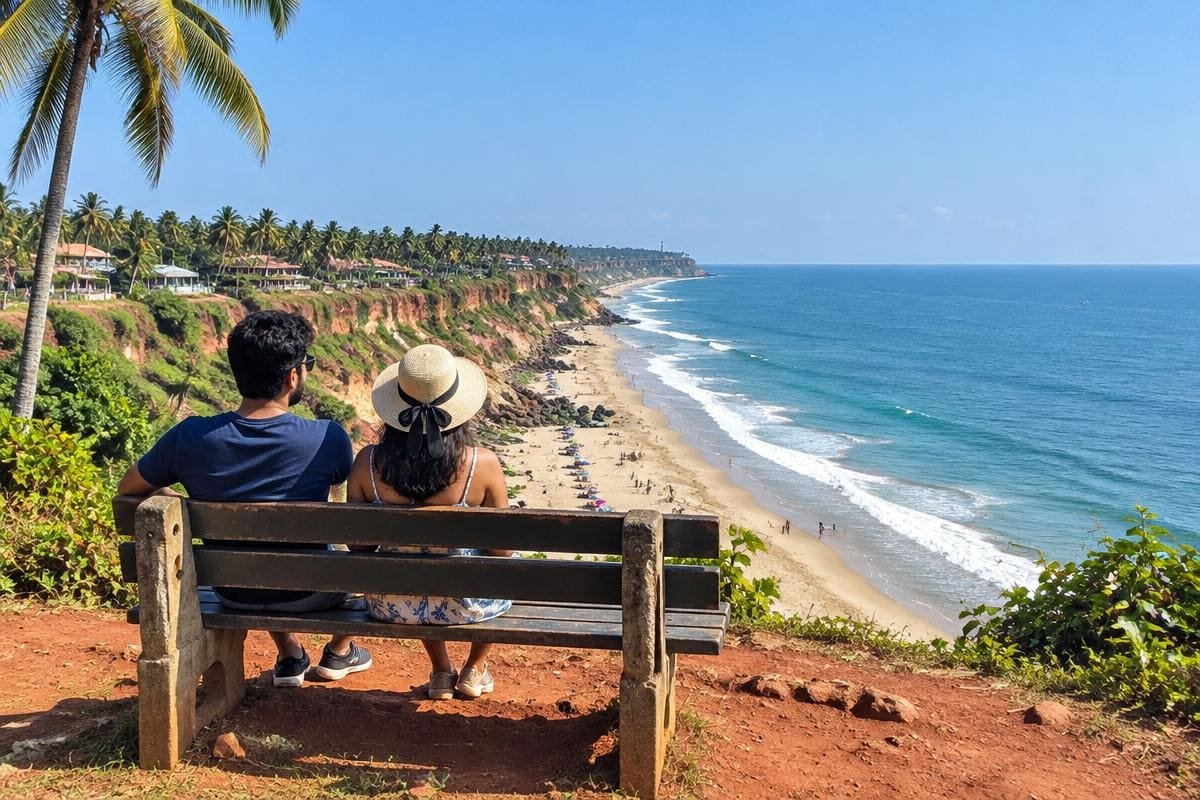 Couple on a clifftop bench above Varkala beach on a clear day, planning a kerala honeymoon in december