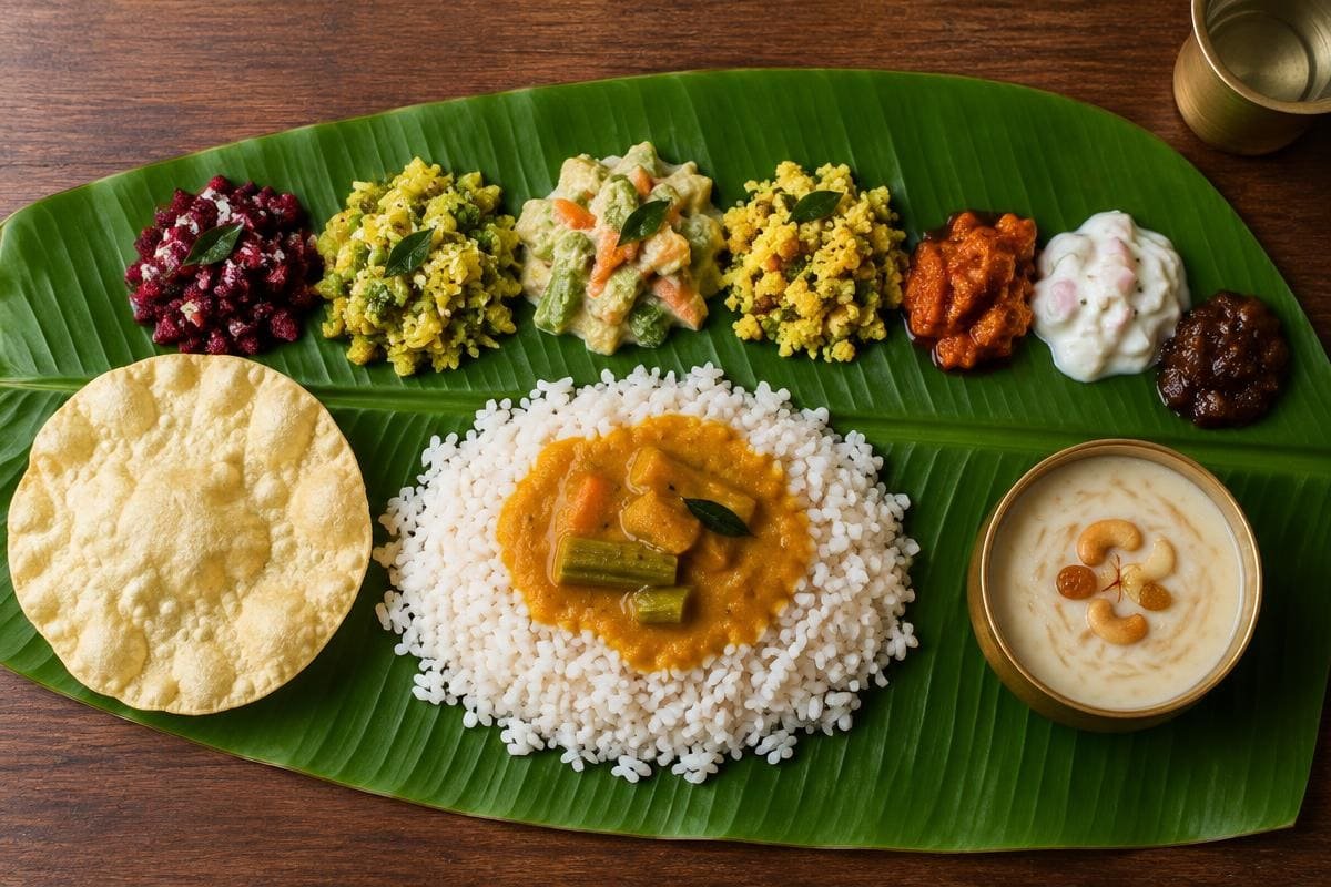 Kerala food on a banana leaf: sadya with rice, sambar, avial, thoran, papadam and payasam
