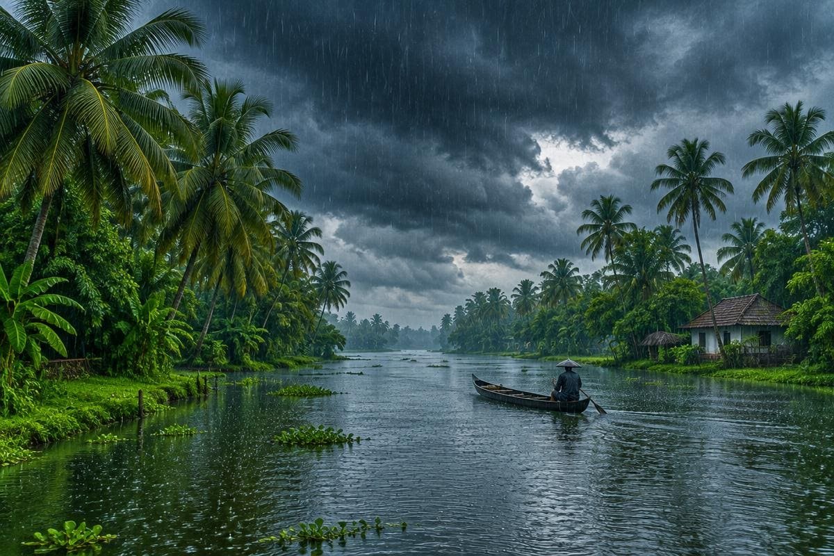 Heavy rain over palm-lined backwaters and a small canoe, a typical scene of Kerala in monsoon