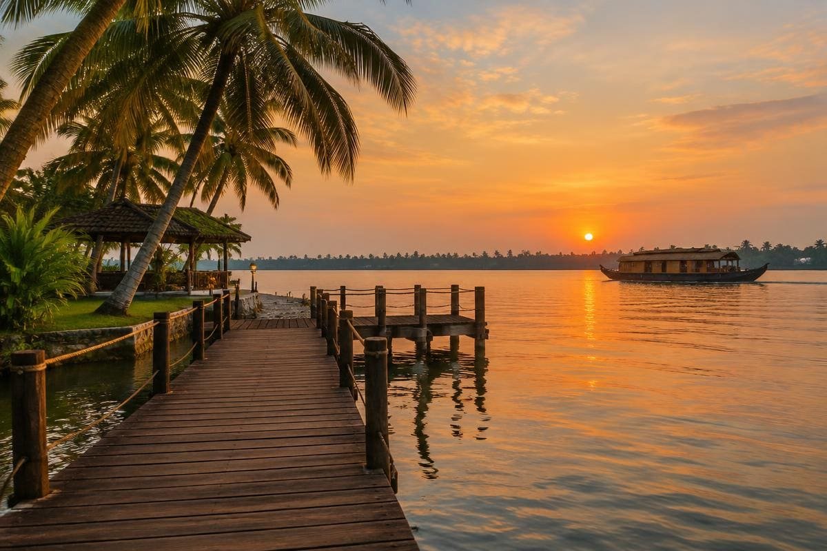 Resort jetty on Vembanad Lake at sunset with a houseboat passing, the classic kumarakom vs alleppey choice