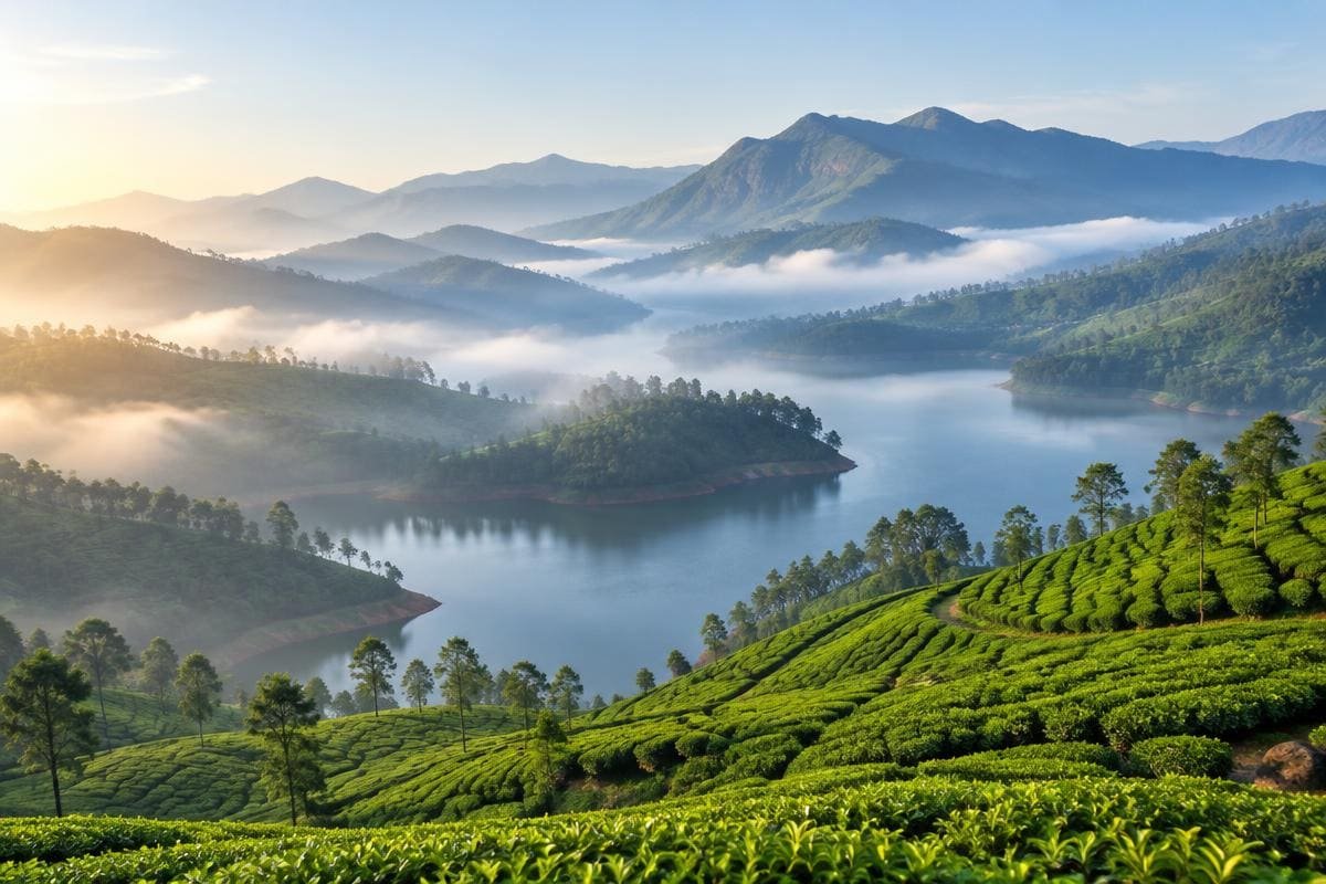 Misty reservoir surrounded by tea gardens, one of the places to visit in Munnar at sunrise