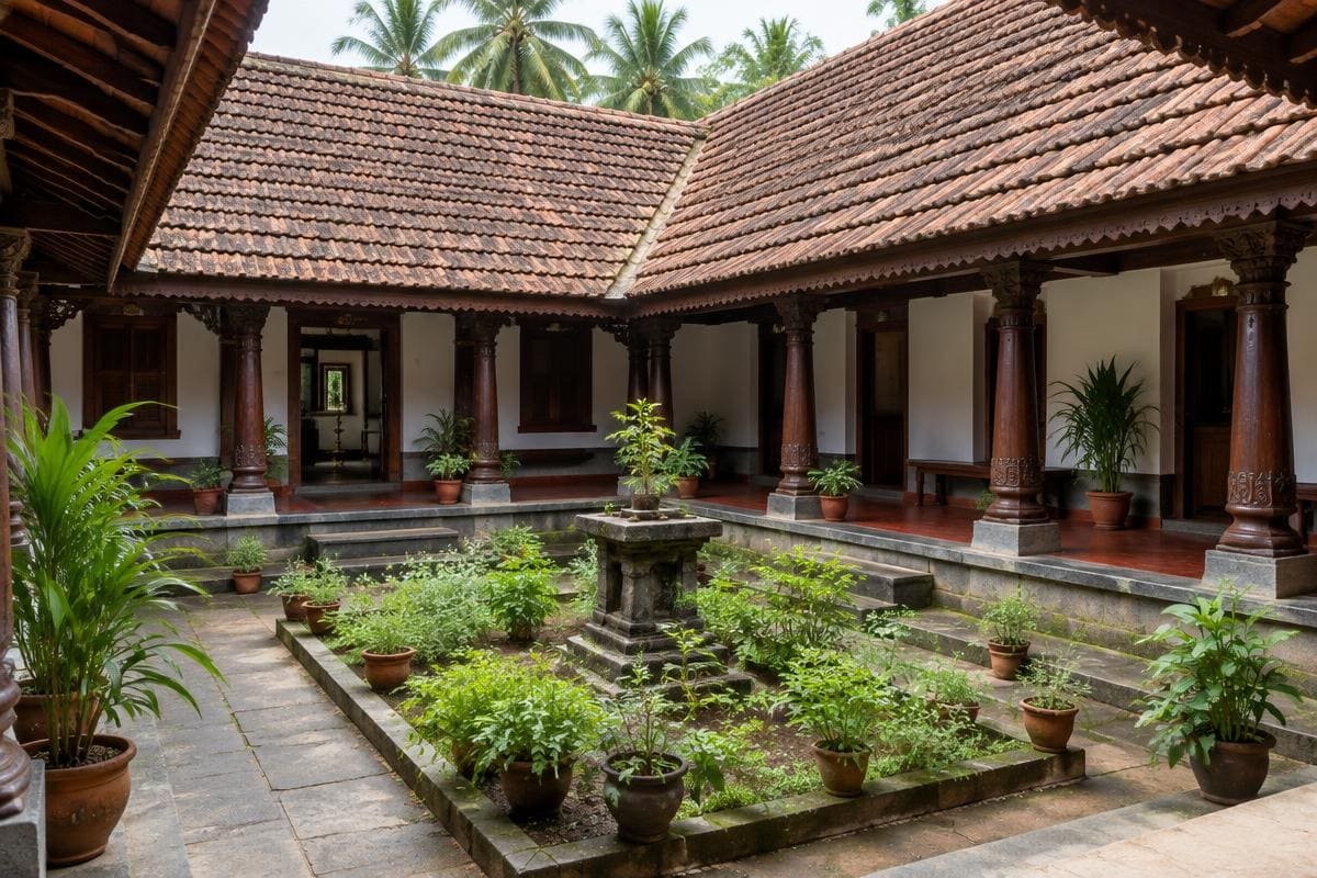 Courtyard of a traditional tiled-roof Ayurveda centre with a herb garden, where panchakarma in Kerala is offered