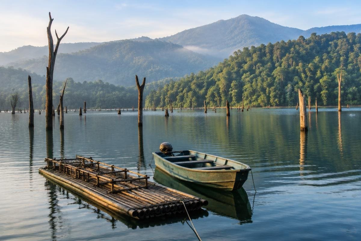 Bamboo raft and boat on Periyar Lake at dawn, a key stop in any thekkady travel guide