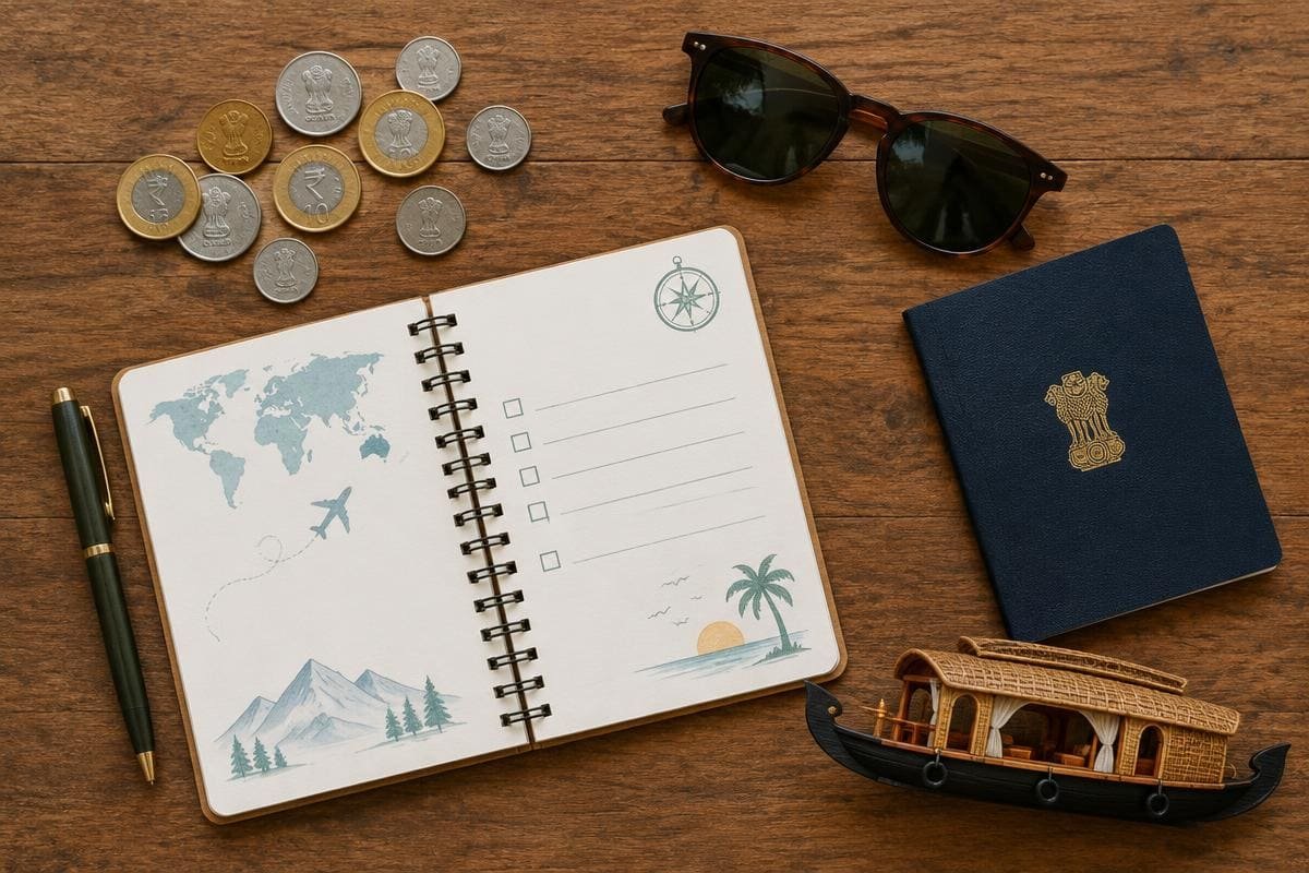 Travel planner, coins, passport and a model houseboat used to work out a Kerala trip cost