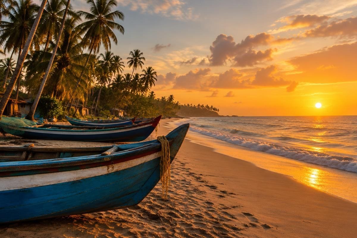 Fishing boats at sunset on a south Kerala beach, the kind of scene couples compare in Varkala vs Kovalam