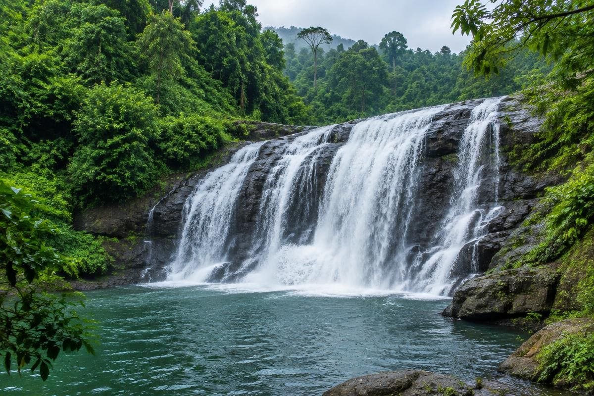 Broad waterfall falling into a forest pool, one of the stops in this wayanad travel guide