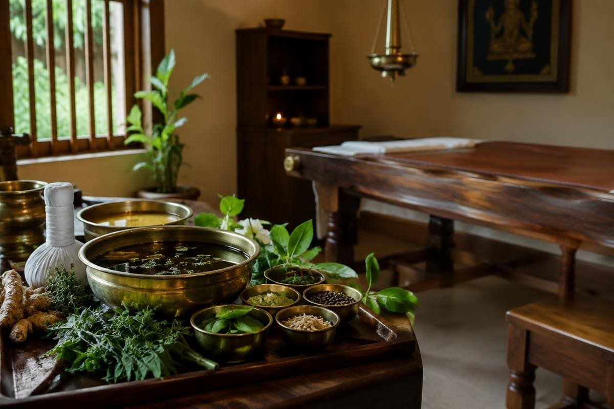 Brass bowls of herbal oil and fresh herbs beside a wooden treatment table, a first look at Ayurveda in Kerala