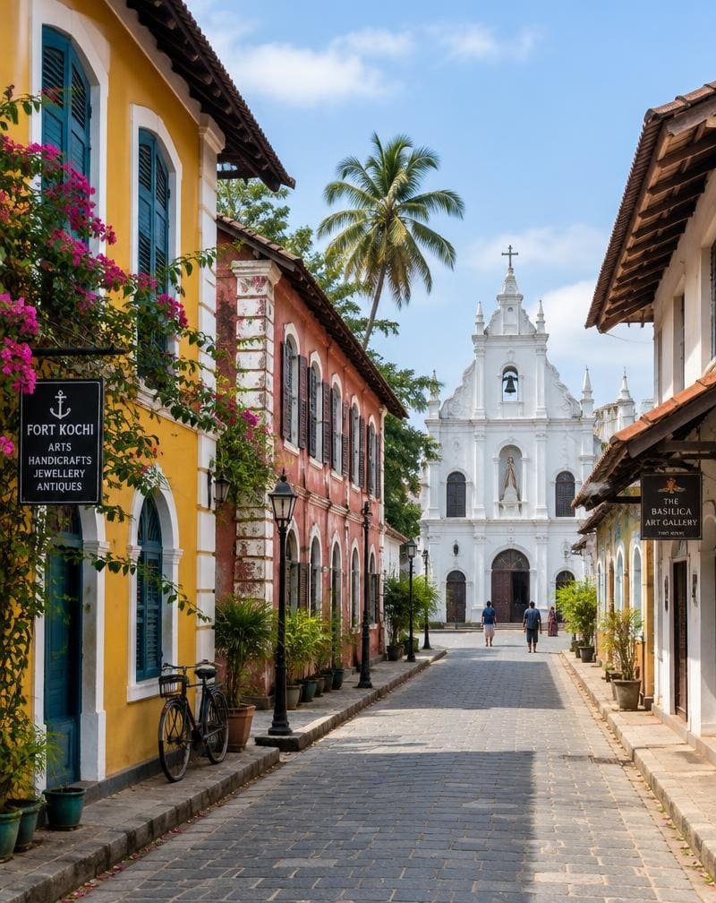 Colourful colonial street leading to a church in Fort Kochi