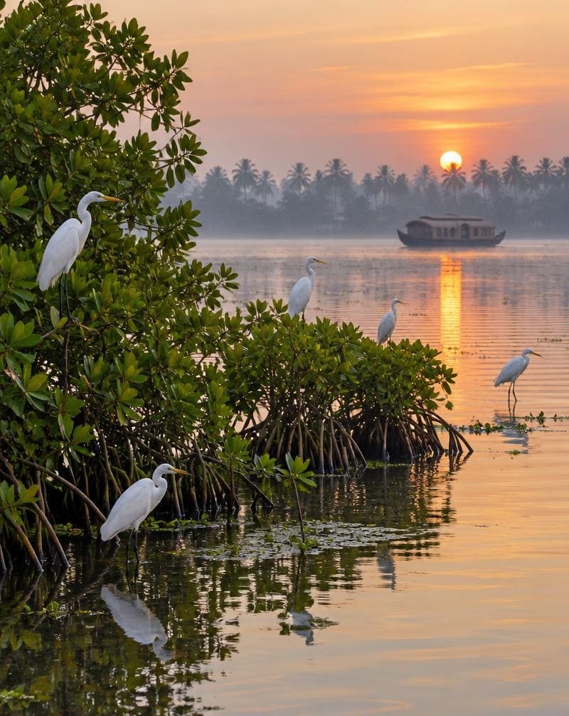 Egrets on mangroves at sunrise on Vembanad lake, Kumarakom