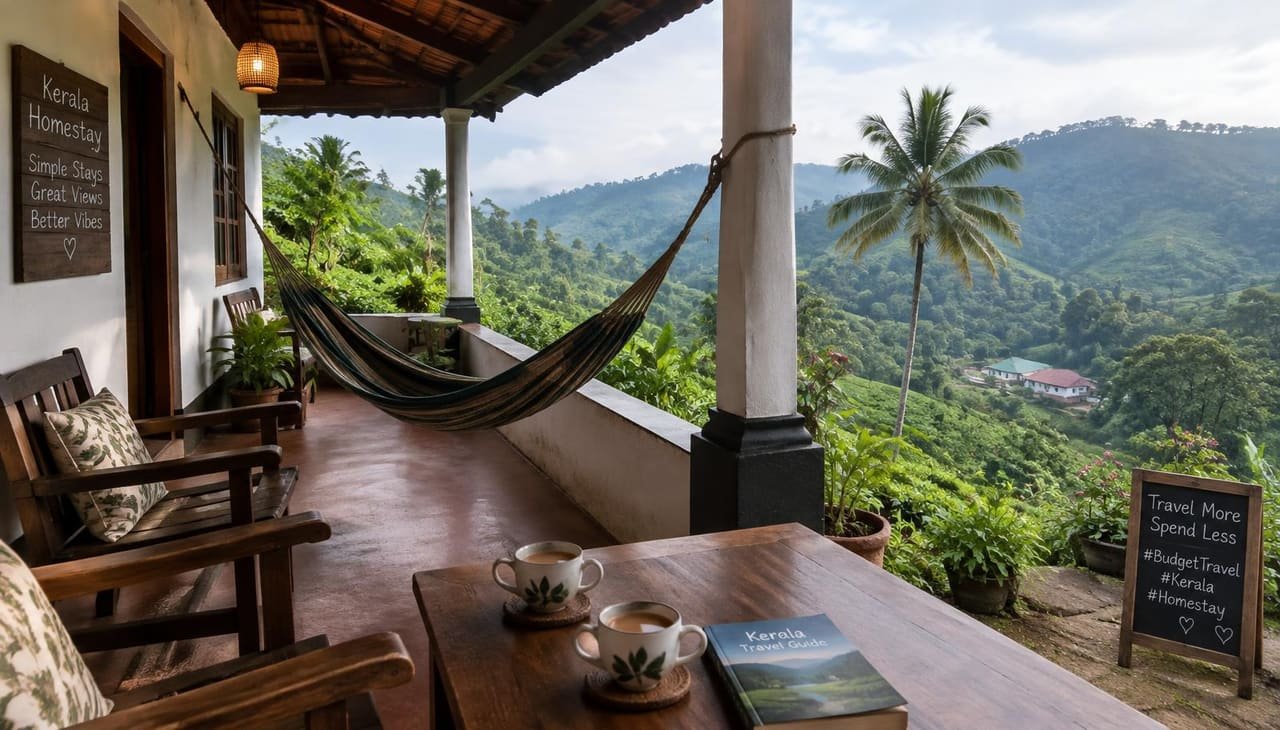 Simple Kerala homestay verandah with a hammock overlooking green hills