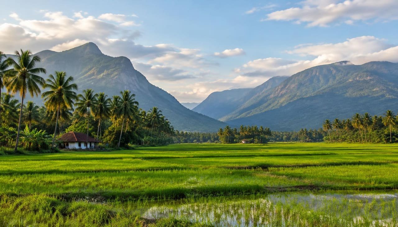 Green paddy fields below the Western Ghats in Kerala