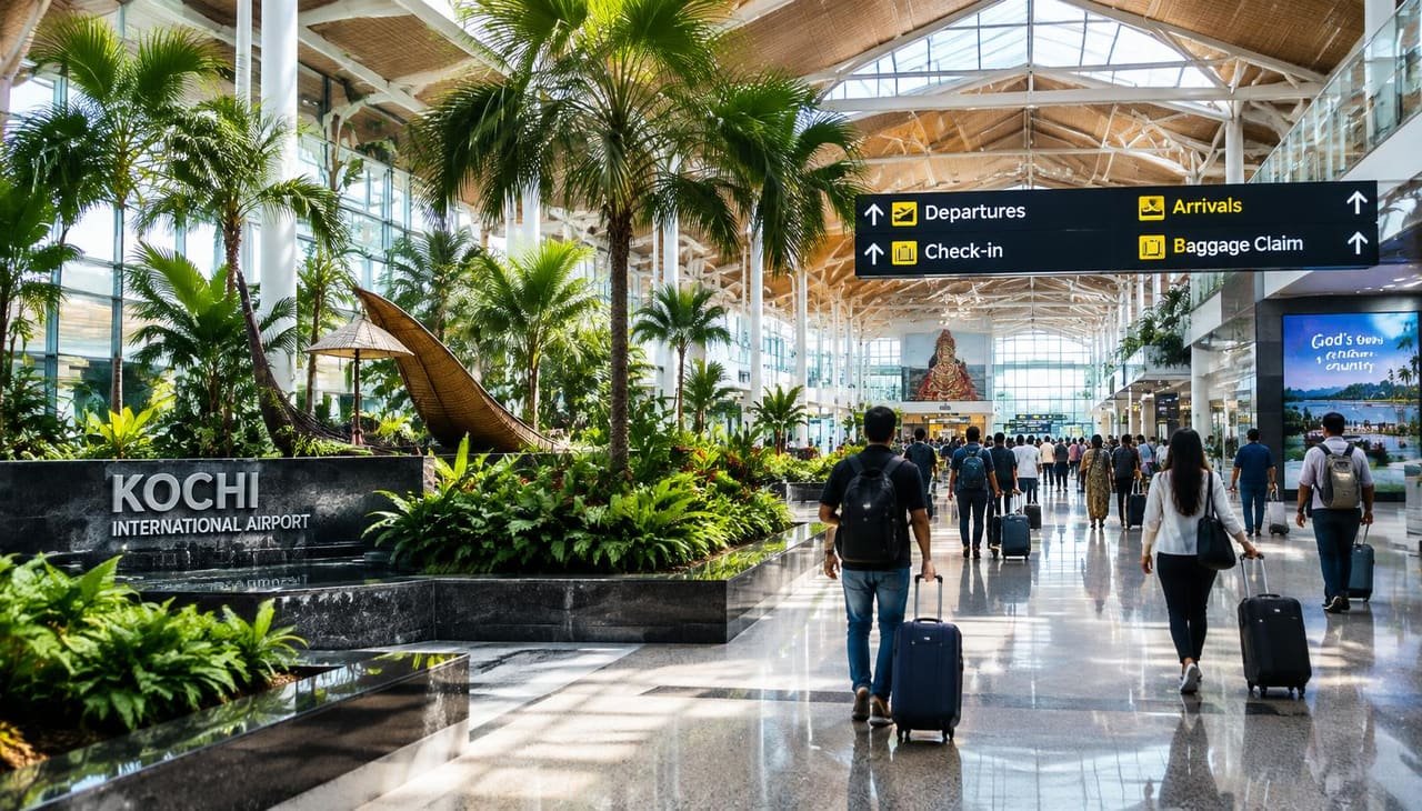 Travellers with luggage in the arrivals hall of Kochi International Airport