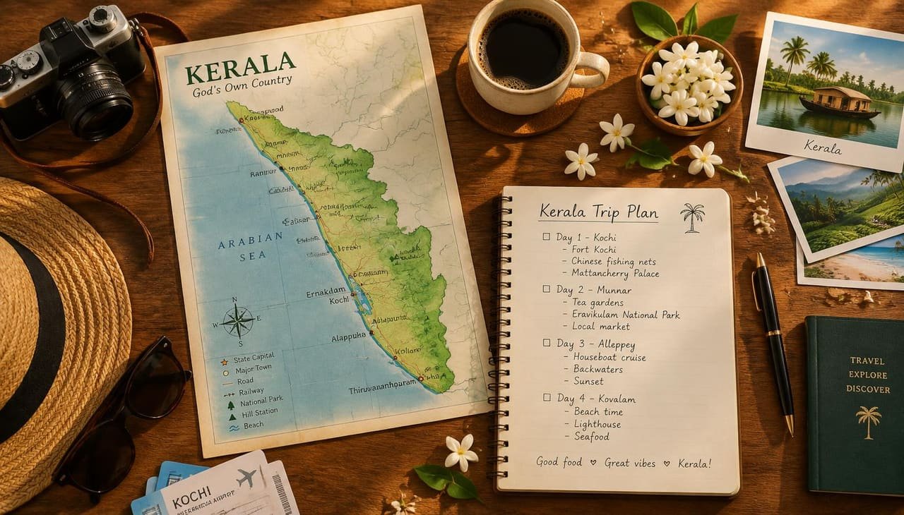 Travel planning desk with a Kerala map, notebook and coffee