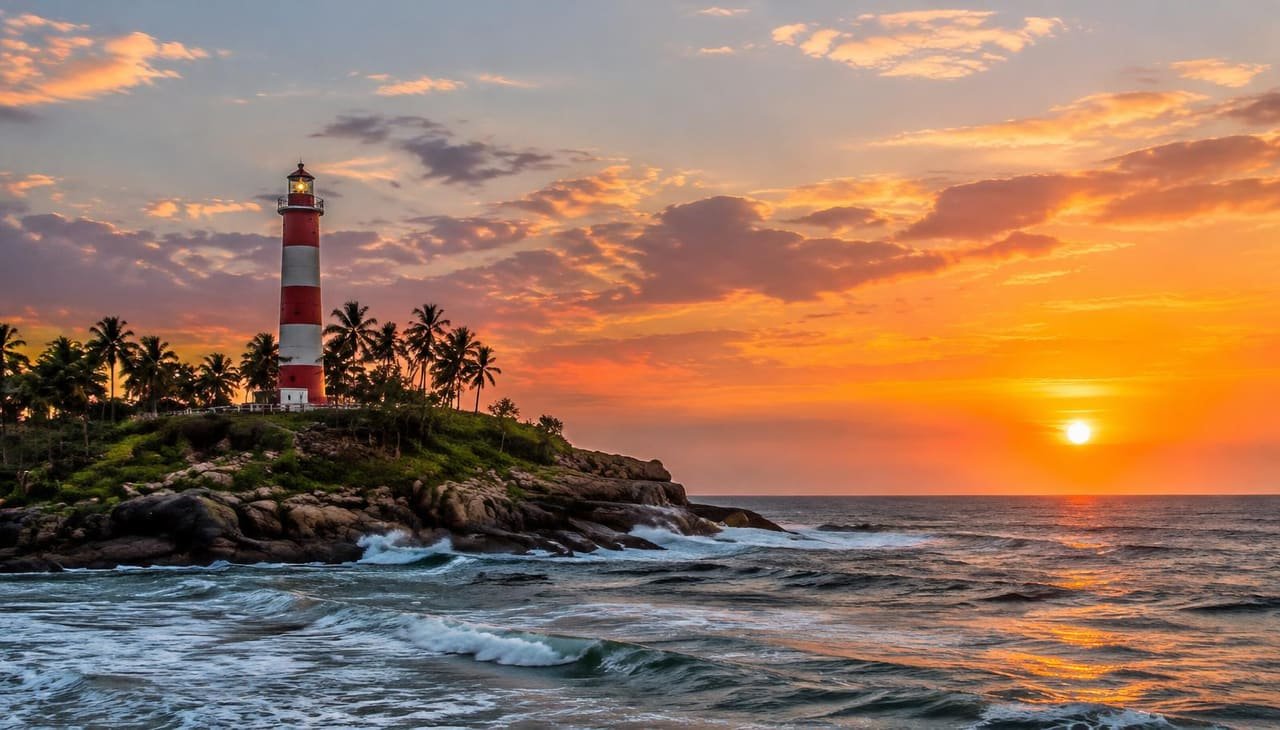 Lighthouse on the Kovalam coast at sunset