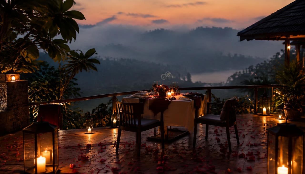 Candlelit dinner table for two on a resort deck overlooking misty Kerala hills