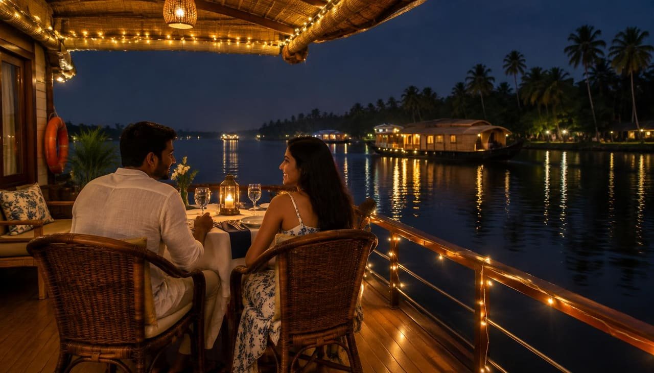 Couple at a candlelit dinner on a houseboat deck in the evening