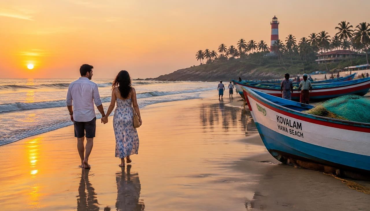 Couple walking on Kovalam beach at sunset