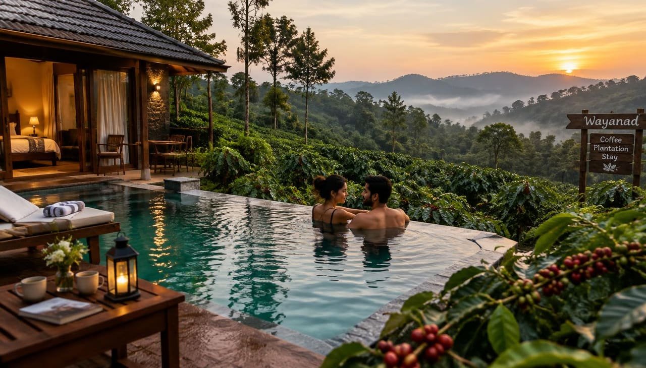 Couple in the pool of a Wayanad plantation stay
