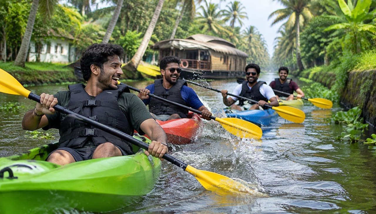 Group of friends kayaking through a narrow Kerala backwater canal
