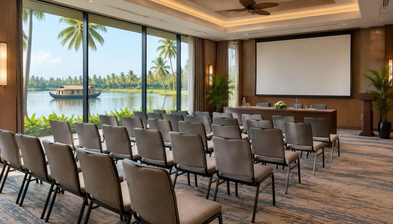 Resort conference room with windows overlooking Kerala backwaters