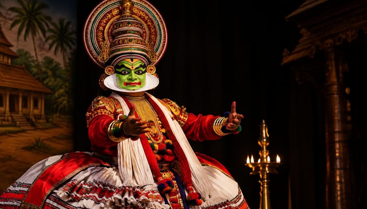 Kathakali dancer performing on stage in Kerala
