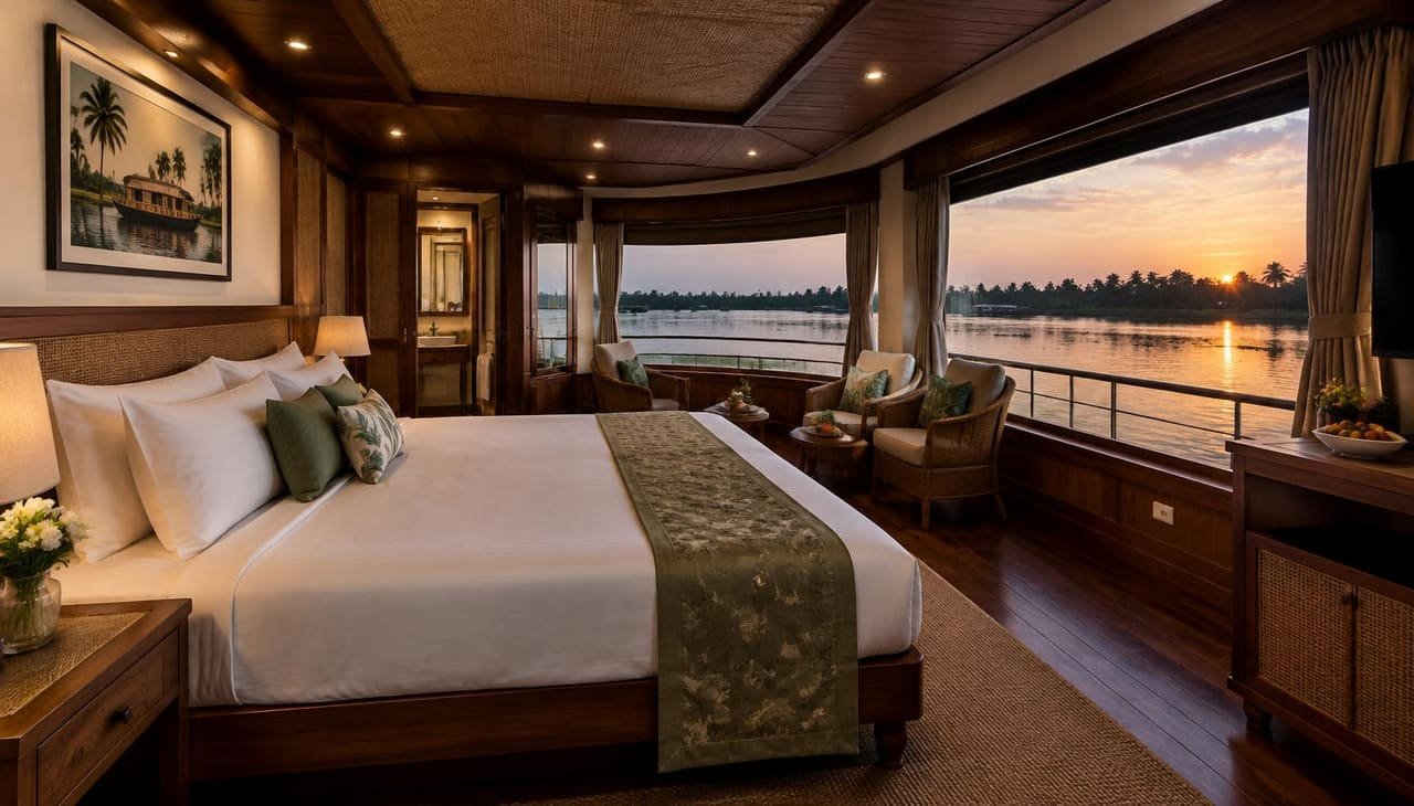 Luxury houseboat suite with a king bed and lake views at sunset