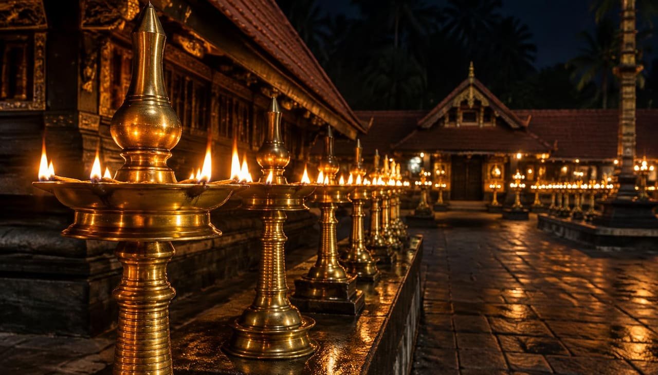 Rows of lit brass oil lamps in a Kerala temple courtyard at night