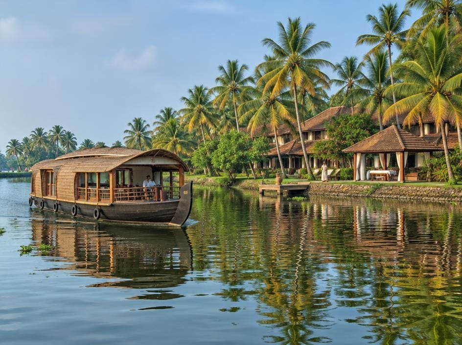 Houseboat cruising past an Ayurveda resort on the palm-lined Kerala backwaters