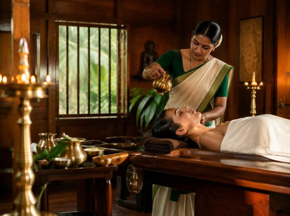 Therapist pouring warm herbal oil during an Ayurvedic treatment in a wooden Kerala treatment room