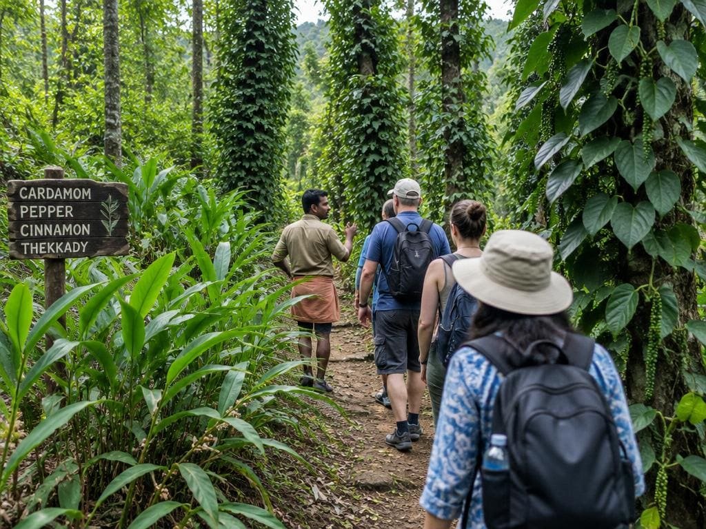 Guide leading travellers along a spice plantation path with pepper vines in Thekkady