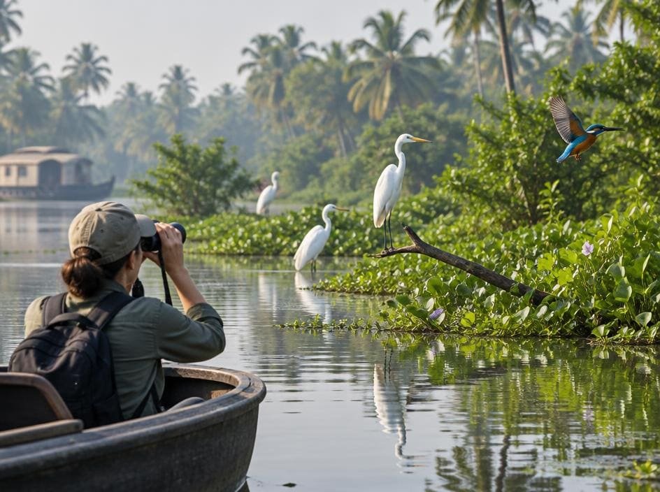 Birder photographing egrets and a kingfisher from a small boat on the Kerala backwaters