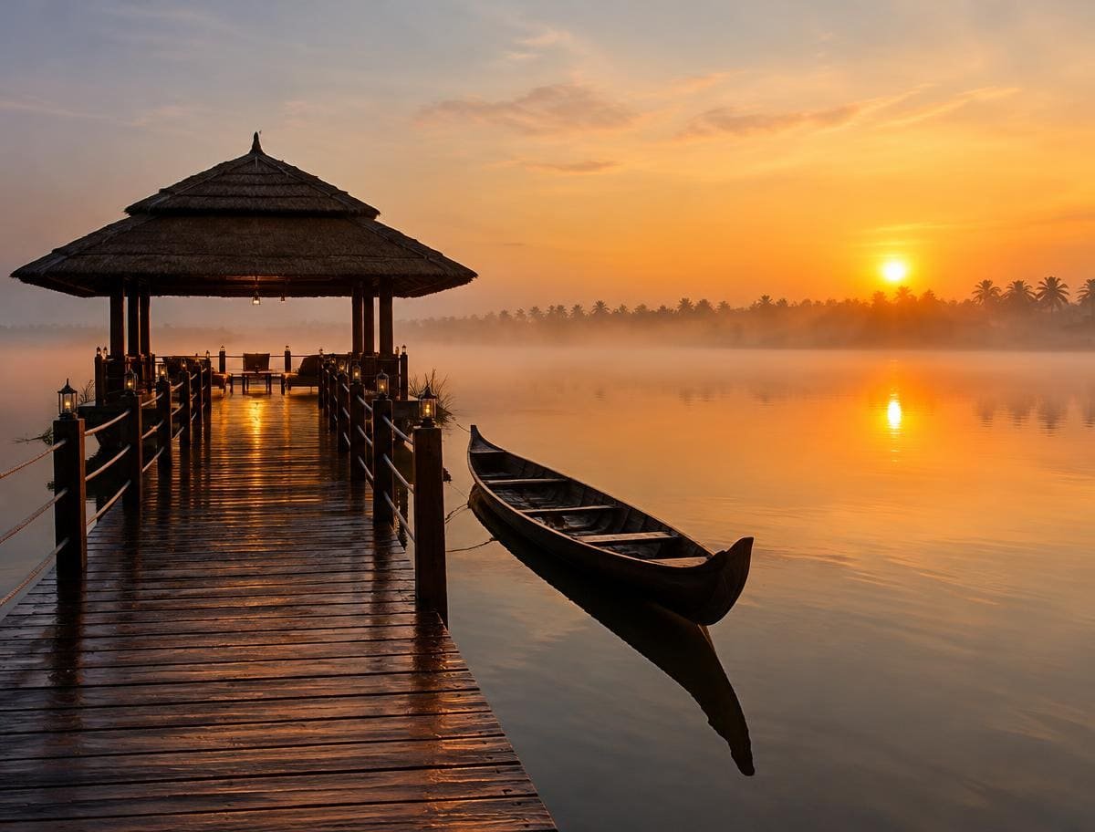 Wooden jetty and traditional canoe on misty Vembanad lake at sunrise in Kumarakom