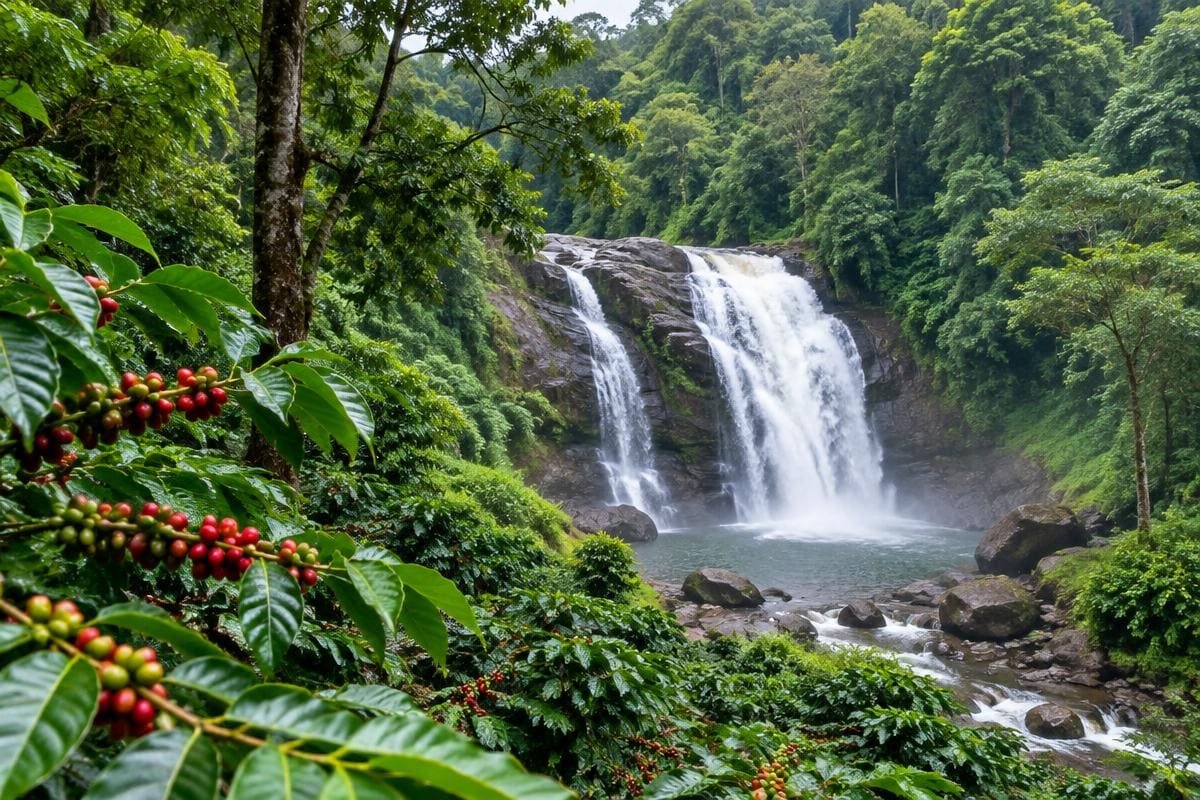 Abbey Falls in Coorg framed by coffee plants with red berries and thick forest, Mysore Coorg Wayanad tour package