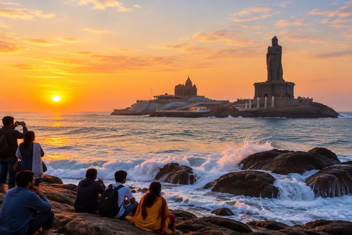 Vivekananda Rock Memorial and Thiruvalluvar Statue off Kanyakumari at sunrise, with travellers on the shore rocks