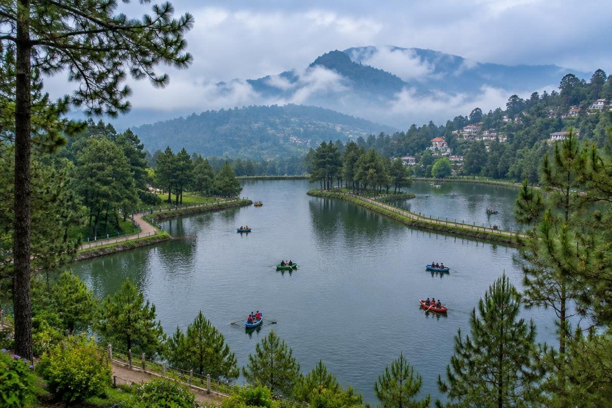 Rowing boats on the star-shaped lake in Kodaikanal with pine trees and misty Palani hills