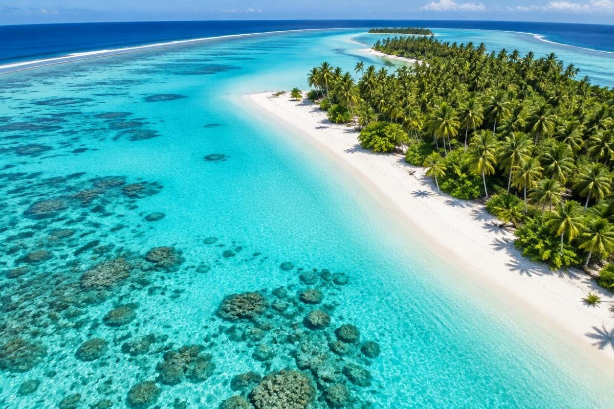 Turquoise lagoon, coral patches and a white sand beach on a palm-covered Lakshadweep island, Kochi Lakshadweep tour package