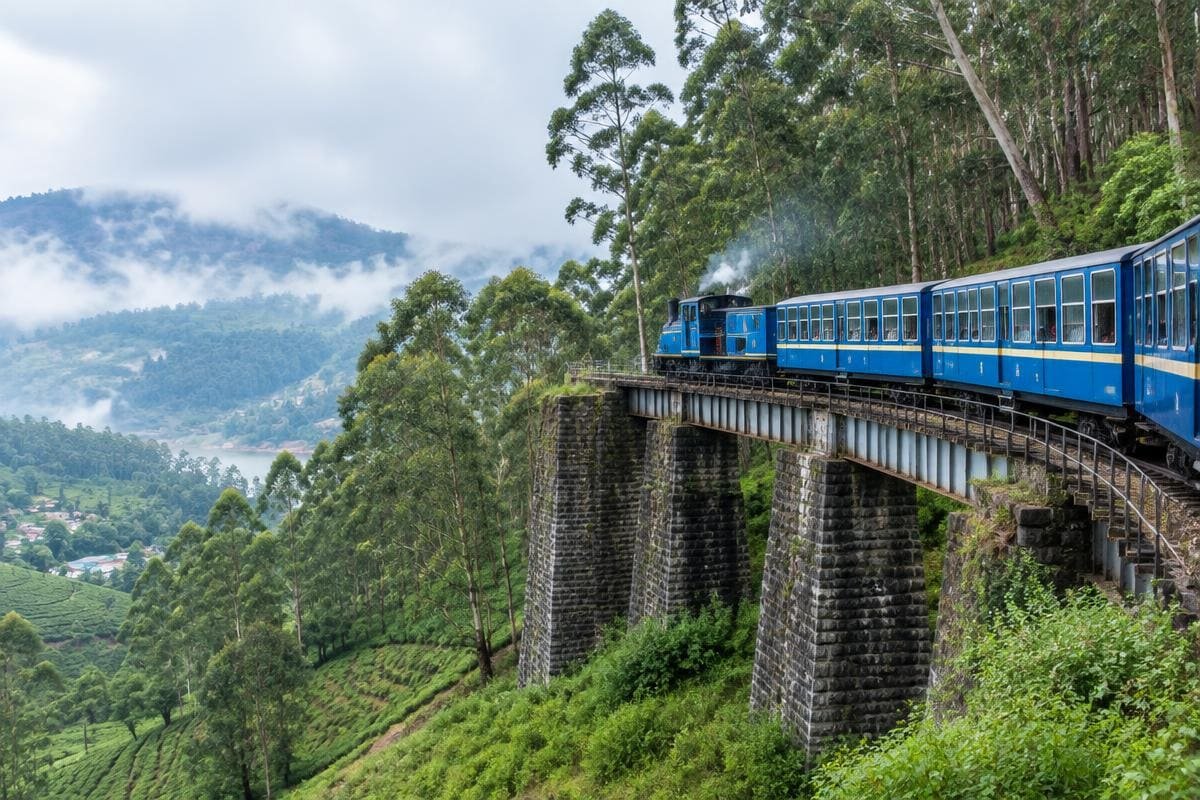 Blue Nilgiri mountain train crossing a stone viaduct through eucalyptus forest near Ooty