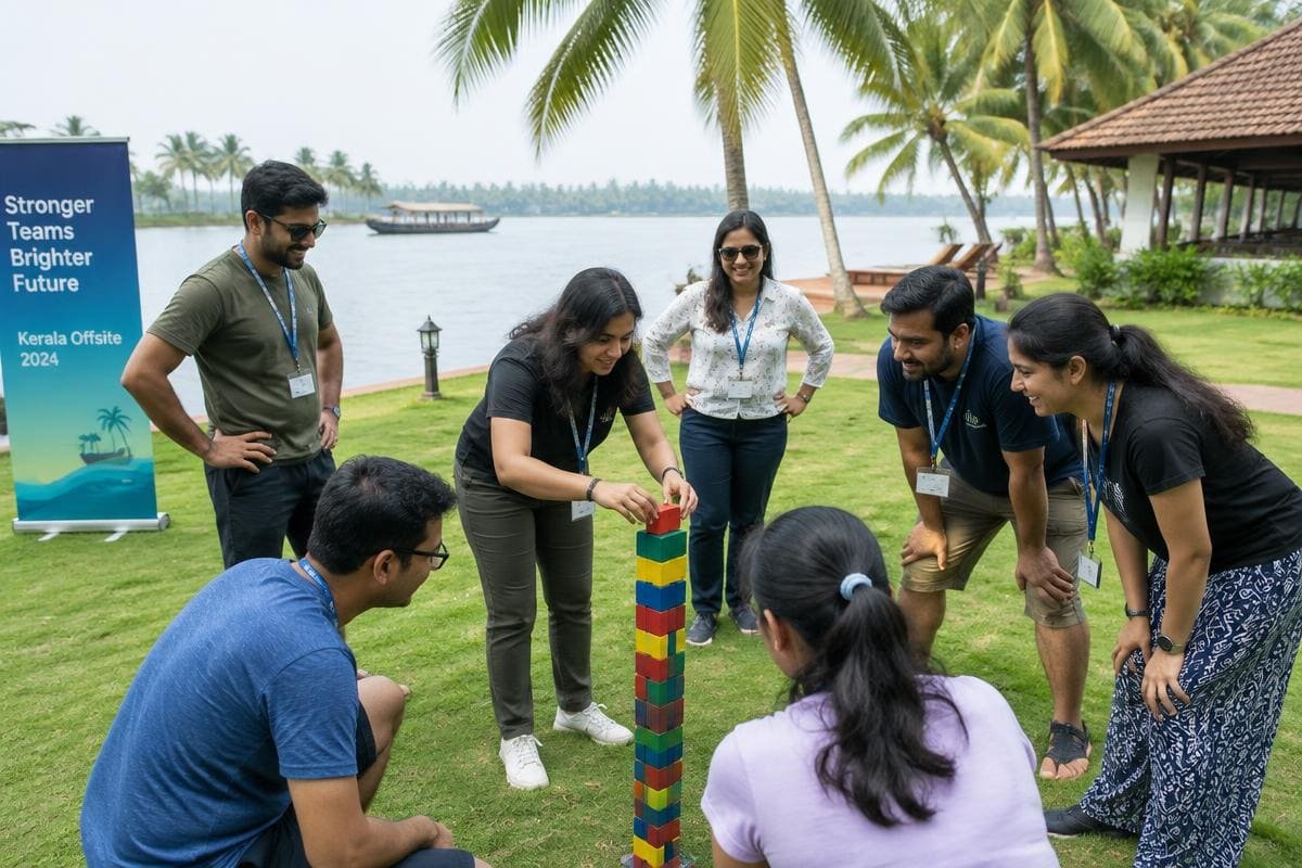Corporate team doing a team-building activity on a lakeside lawn in Kumarakom