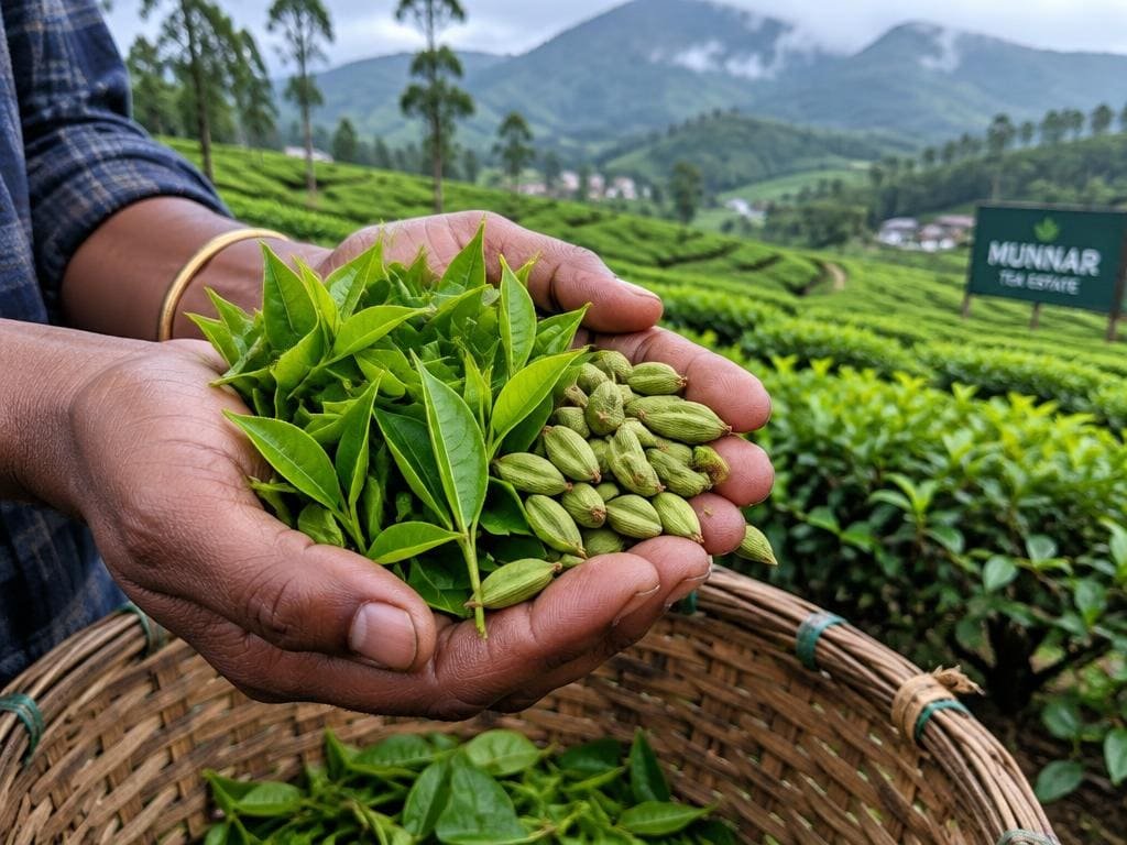 Hands holding fresh tea leaves and green cardamom pods above a basket on a Munnar tea estate