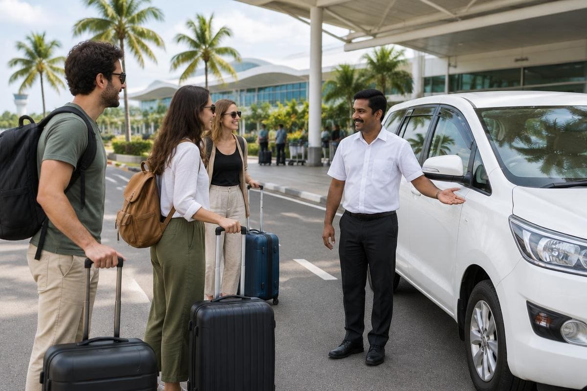 Travellers with suitcases greeted by a driver beside a white car outside Kochi airport