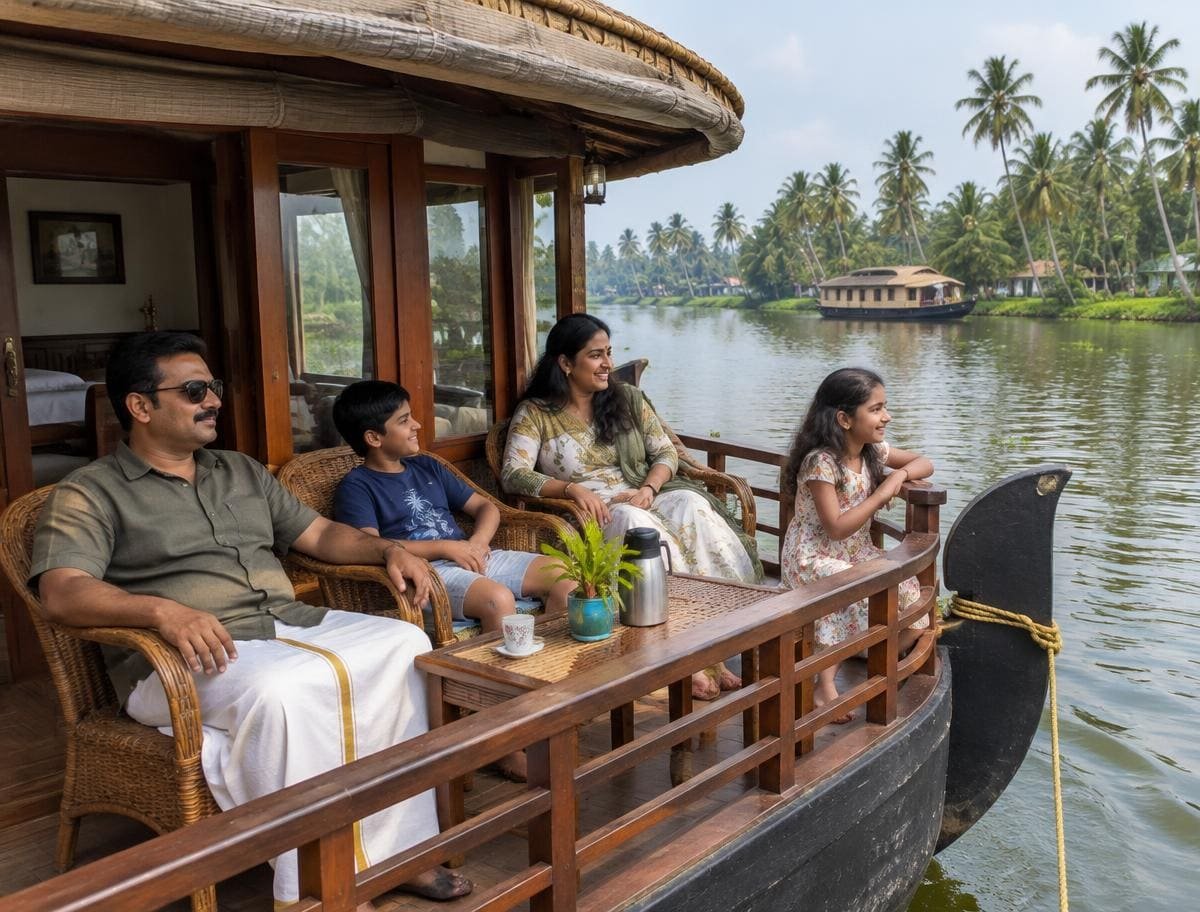 Family of four relaxing on the front deck of a houseboat on the Alleppey backwaters