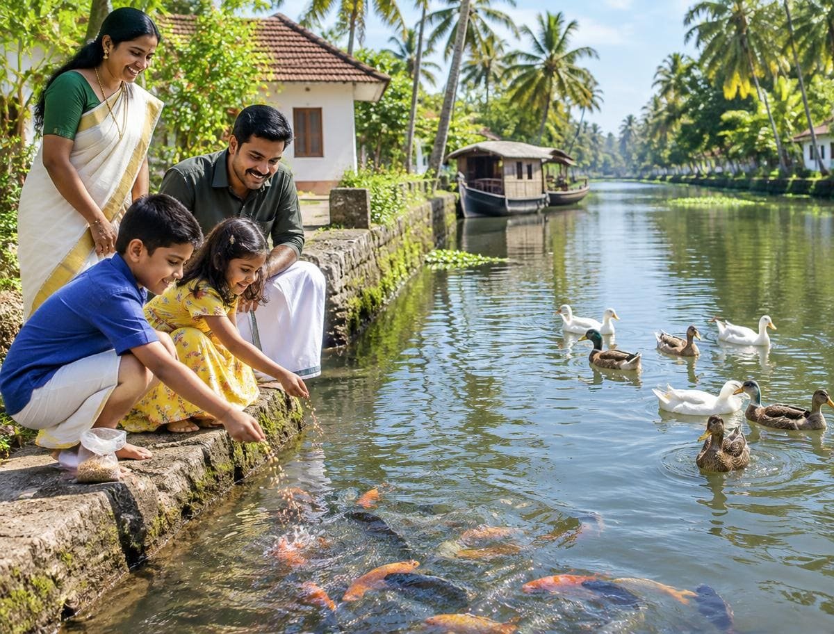 Children feeding fish and watching ducks beside a Kerala village canal with their parents