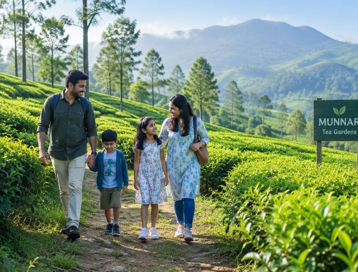 Family with two children walking along a path through green Munnar tea gardens