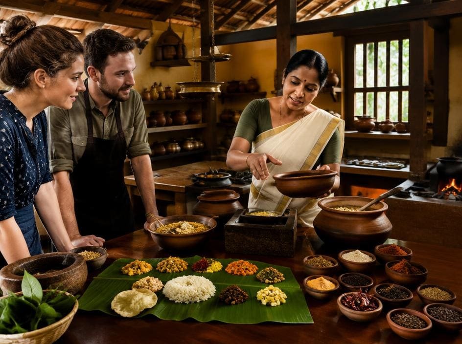 Cooking class in a traditional Kerala kitchen with sadya dishes served on a banana leaf