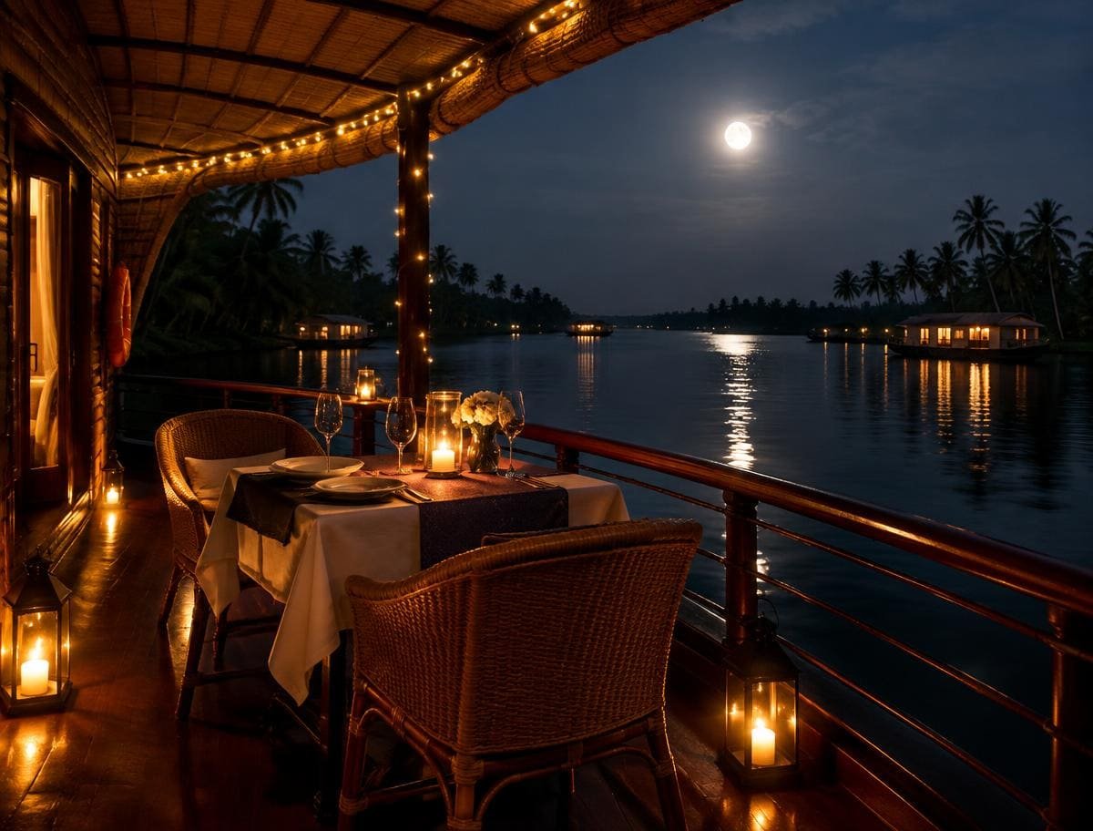 Candle-lit dinner table for two on a houseboat deck under the moon in Alleppey