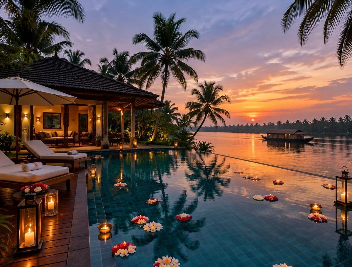Private pool villa at dusk with floating flowers and lanterns beside Kerala backwaters